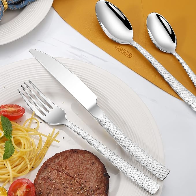 40-Piece Silverware Set, Silver Hammered Stainless Steel Flatware Sets for 8, Food-Grade Tableware Set, Including Fork Knife Spoon Set, Home Kitchen Cutlery Sets, Dishwasher Safe