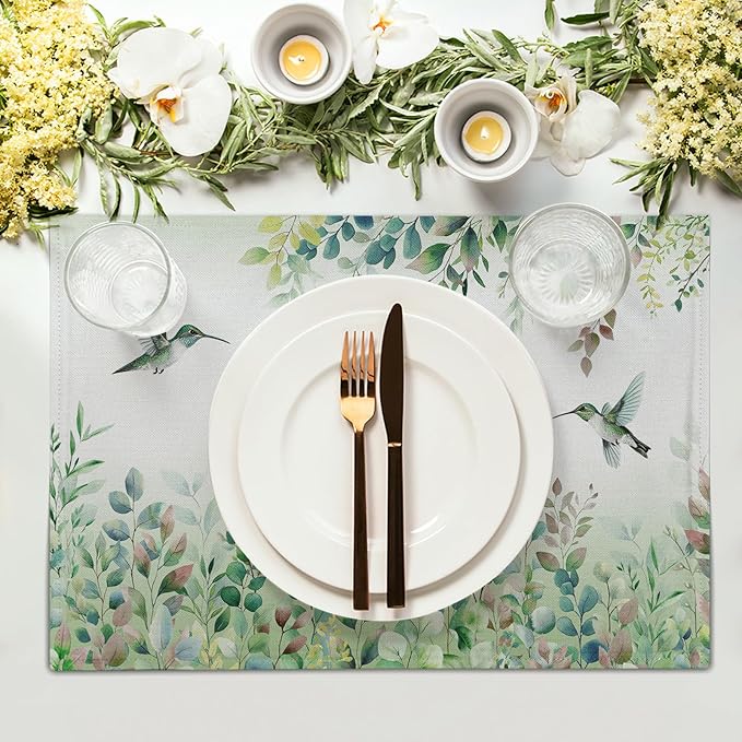 Giwawa 4PCs Hummingbird Placemats for Kitchen Dining, Spring Summer Sage Green Eucalyptus Leaf Herb Botanical Washable Linen Place Table Mat 12x18in for Tabletop Holiday Party Picnic Decor