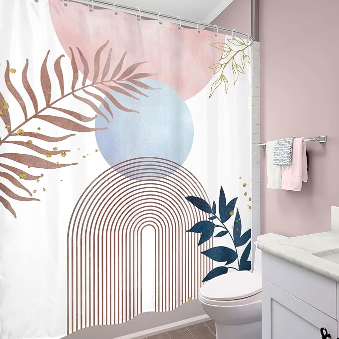 Pink Blue Boho Shower Curtain 60Wx72H Mid Century Modern Abstract Gold Leaves Plant Sun Bathroom Decor Minimalist Geometric Arch Line Aesthetic Girls Bath Curtain Fabric Polyester 12 Pack Hooks
