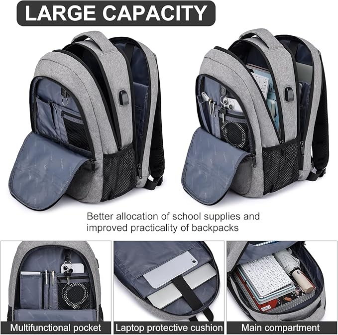 Asenlin Travel Laptop Backpack for Women & Men,Water Resistant Business Slim Sturdy Laptops Backpack with USB Charging Port,Fits 17.3 Inch Notebook College School Computer Bag-Grey