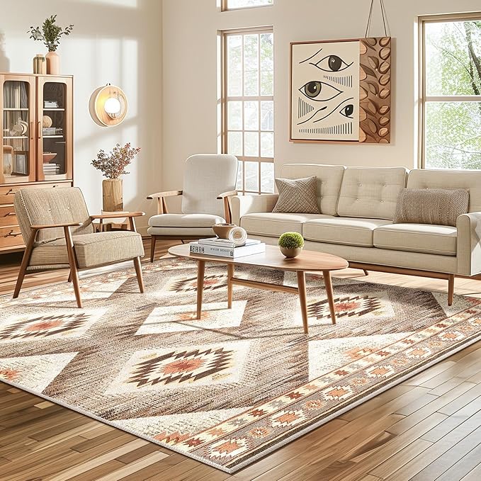 Area Rug 4x4 Rug Machine Washable Non-Slip Low Pile Print Pattern Western Rug for Living Room Bedroom Entryway Tribal Series -Cream/Camel