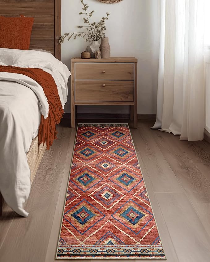 Area Rug 2x10 Rug Machine Washable Non-Slip Low Pile Print Pattern Western Rug for Living Room Bedroom Entryway Tribal Series -Red/Orange