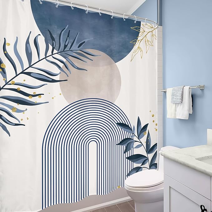 Blue Gray Boho Shower Curtain Dusty Blue Gold Leaves Modern Bohemian Abstract Mid Century Minimalist Grey Plant Bathroom Decor Geometric Arch 60Wx72H Bath Curtain Fabric Polyester 12 Pack Hooks