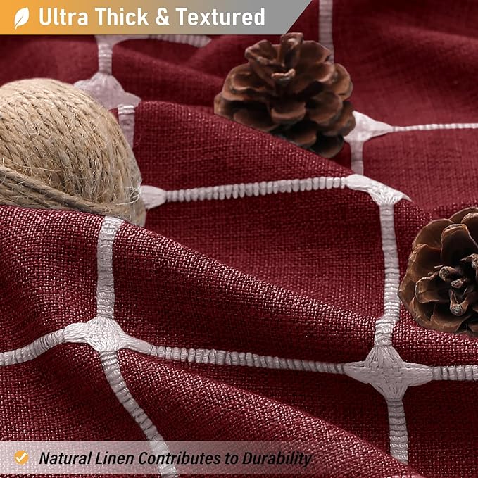 BTTN Boho Farmhouse Shower Curtain, Linen Rustic Heavy Duty Fabric Shower Curtain Set with Tassel, Water Repellent, Bohemian Vintage Country Thick Cloth Shower Curtains for Bathroom - Burgundy - 72x72