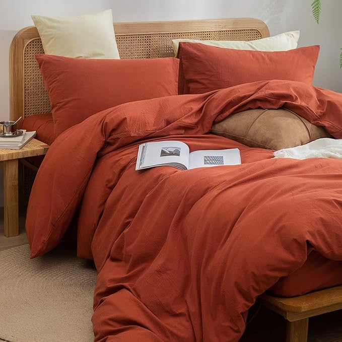 BESTOUCH Duvet Cover Set 100% Washed Cotton Linen Feel Super Soft Comfortable Chic Lightweight 3 PCs Home Bedding Set Solid Burnt Brick Red Queen