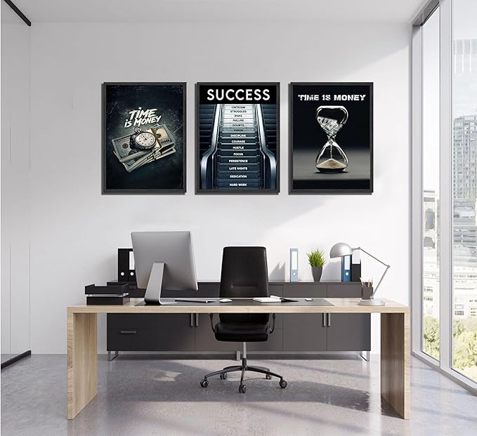 3Pcs Time Is Money Wall Art Paintings Office Wall Decor Pictures Inspirational Quotes Posters Prints Road to Success Canvas Paintings of Man Cave Living Room Bedroom Office Decor unframed
