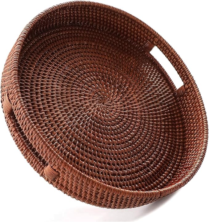 JUNGLE CULTURE Large Rattan Serving Tray 14" in Brown • Round Table Basket • Wicker Ottoman Trays with Handles for Coffee Table, Bed Side or Couch • Flat Circle Woven Tray • Boho Farmhouse Decor