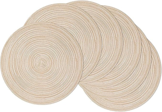SHACOS 15 inch Round Braided Placemats Set of 6 Non Slip Heat Resistant Cotton Polyester Table Mats Washable Place Mats for Kitchen Dining Party Table Decor (Beige, 6)