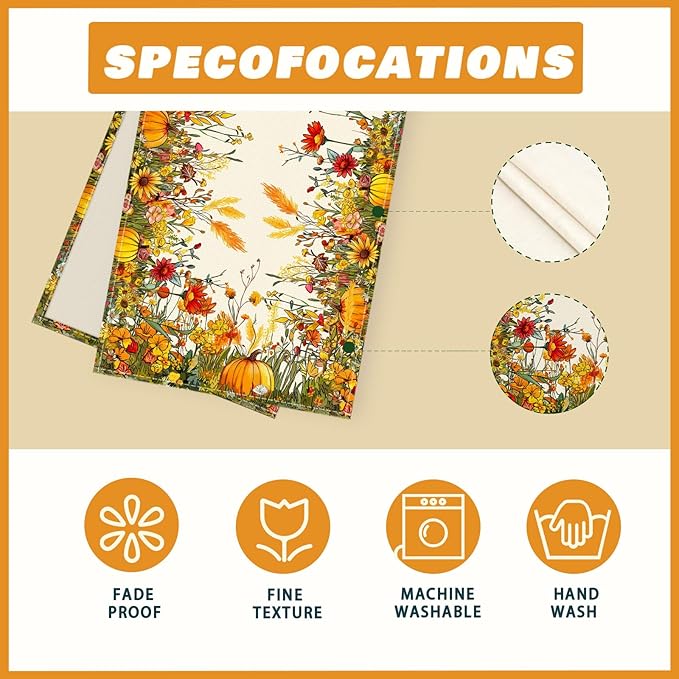 XCHI Fall Color Wild Flowers Pumpkin Table Runner Table Decoration for Kitchen Dining Dinner Autumn Home Decor 13x120 Inch