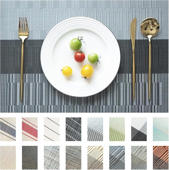 Placemats Set of 6 Vinyl/Plastic Woven Place Mats for Kitchen Table Indoor/Outdoor Washable Placemat Wipeable Dining Table Mats (Ombre Silver Grey Black,6)