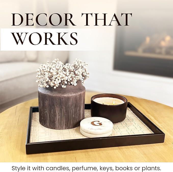 Solvane Wooden Serving Tray - 15x11in Rectangular Ottoman & Coffee Table Tray, Decorative Wood Tray with PU Leather Base for Living Room, Kitchen, Bathroom & Vanity