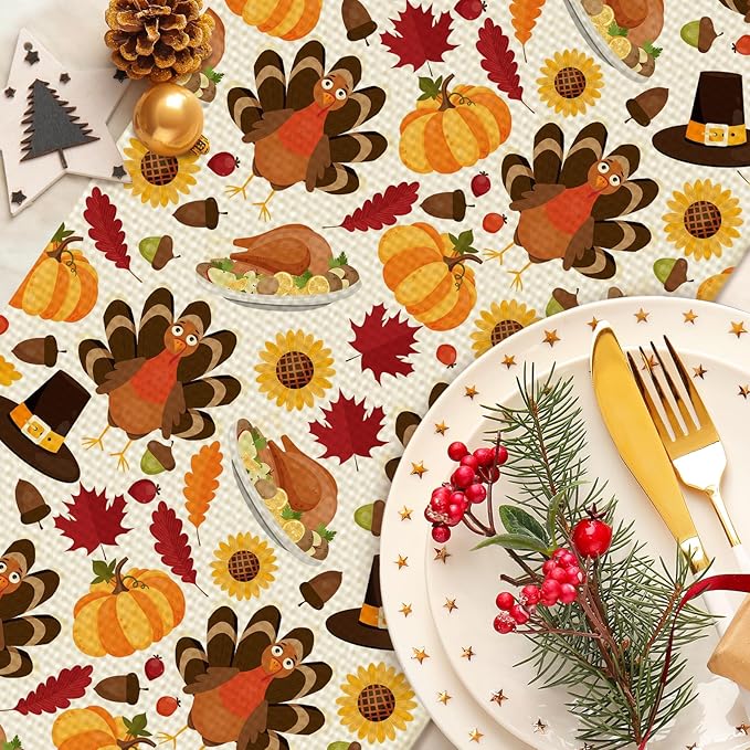 Turkey Burlap Table Runner Seasonal Spring Fall Kitchen Dining Linen Table Decoration for Indoor Outdoor Home Party Dinner 13x72 Inch