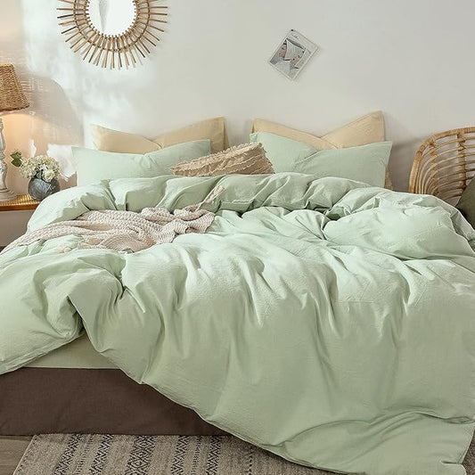 MooMee Bedding Duvet Cover Set 100% Washed Cotton Linen Like Textured Breathable Durable Soft Comfy (Heathered Seaglass Green, Full 80"x90")