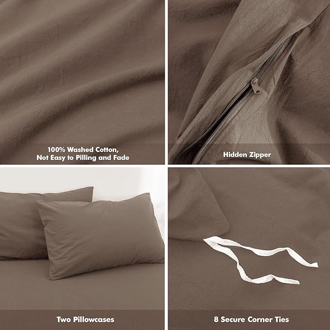 FOSSA Duvet Cover Set 100% Washed Cotton Linen Feel Super Soft Breathable Cozy 3 Pieces Bedding Sets Solid Pale Brown Oversized King Plus