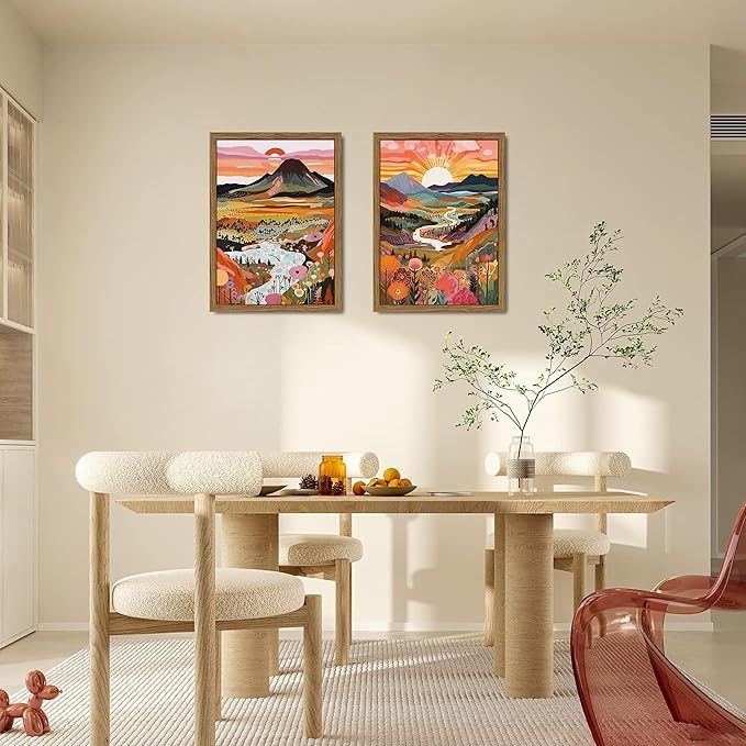 Wood Framed Boho Colorful Landscape Canvas Wall Art Set of 3 - Abstract Mountain Wall Decor Paintings, Nature Floral Poster Prints Aesthetic Home Decor for Living Room Bathroom Bedroom 12x16 inch