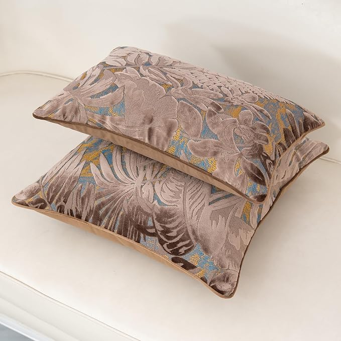 Alerfa Brown Throw Pillow Cover 12x20 Inch, Rectangle Cut Velvet Maple Leaf Embroidery Luxury Farmhosue Lumbar Decorative Pillow Cover for Couch Living Room Bedroom