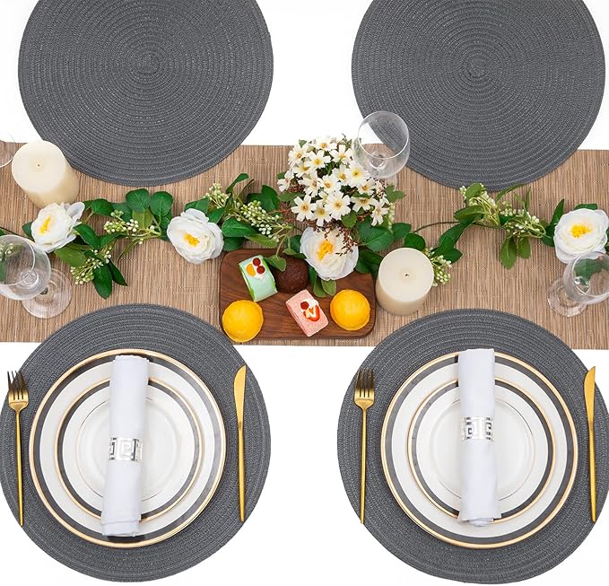 SHACOS Round Placemats Set of 6 Washable 15 inch Round Table Mats Cotton Polyester Woven Braided Place Mats for Dining Table (Charcoal Gray, 6)