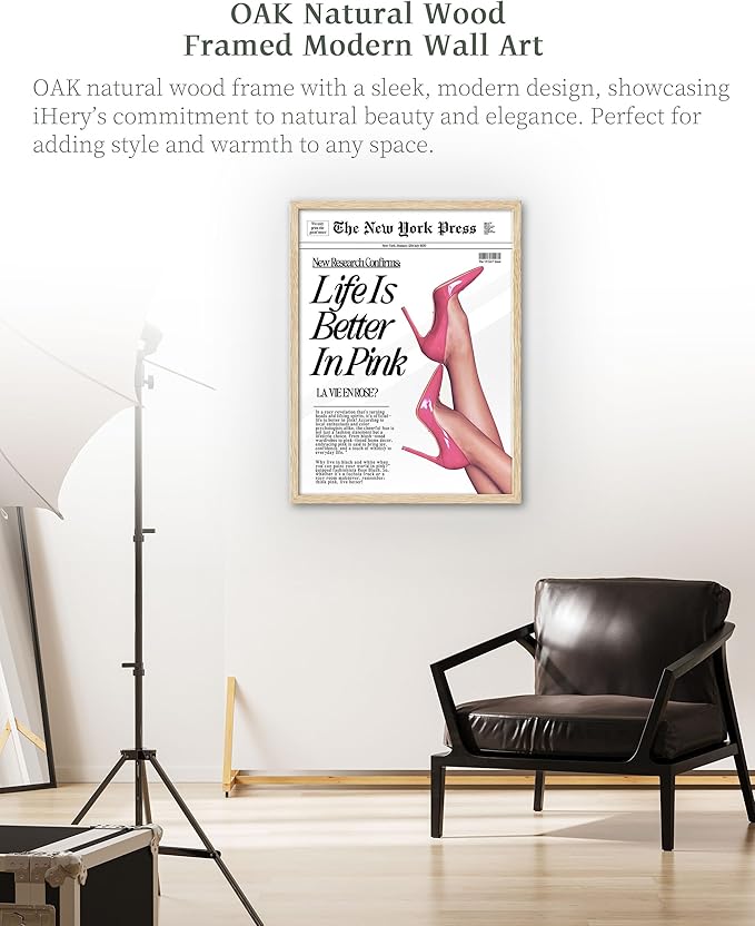 iHery Natural OAK Wood Retro Baby Pink News Framed Wall Art, 12x16 in Life Is Better In Pink Canvas Wall Decor, Beige Modern Trendy Newspaper Bedroom Decor, Set of 1 For Bathroom Living Room