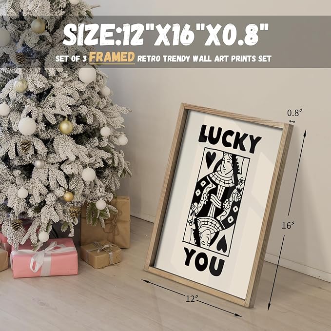 Heiple Framed Set of 3 Poker Wall Art Lucky You Poster, Trendy Retro Print Wall Decor for Queen of Hearts Wall Art Rustic Vintage Farmhouse Home Wall Decor（Brown 12"x16"）