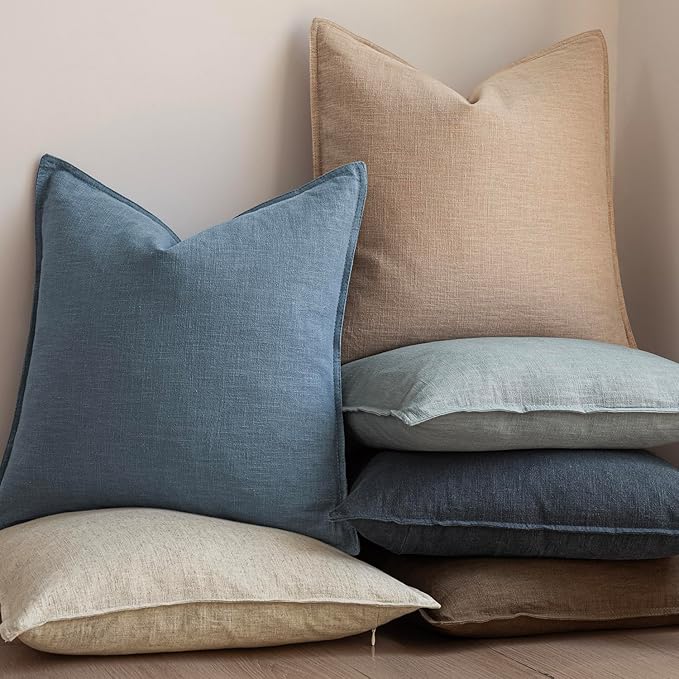 Foindtower Set of 2, Decorative Linen Soild Throw Pillow Covers Soft Accent Euro Cushion Case Boho Farmhouse Neutral Pillowcase for Couch Sofa Bedroom Living Room Home Decor 22 x 22 Inch Misty Blue