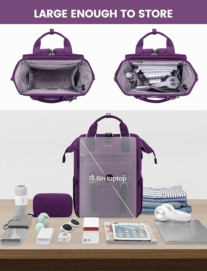 LOVEVOOK Laptop Backpack for Women, Nurse Bag Teacher Work Backpack Purse, Water Resistant Travel Backpack with Separate Laptop Compartment, College Back pack, 15.6 Inch - Purple, Upgraded