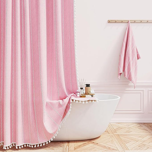 BTTN 78 Inch Long Shower Curtain - Pink Girly Boho Linen Striped Tassel Fabric Shower Curtain Set, Tall Modern Farmhouse Vintage Water Repellent Shower Curtain for Bathroom with Hooks, 72x78, Blush