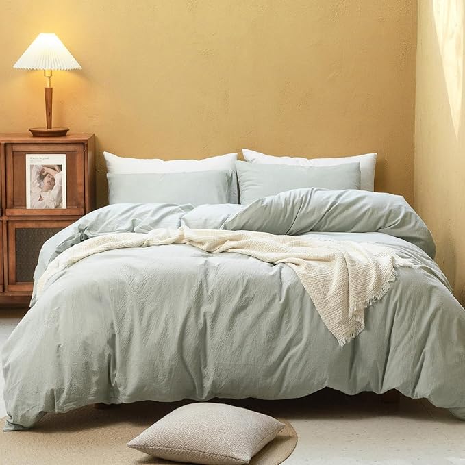 FOSSA Duvet Cover Set 100% Washed Cotton Linen Feel Super Soft Breathable Cozy 3 Pieces Bedding Sets Solid Sage Green Twin