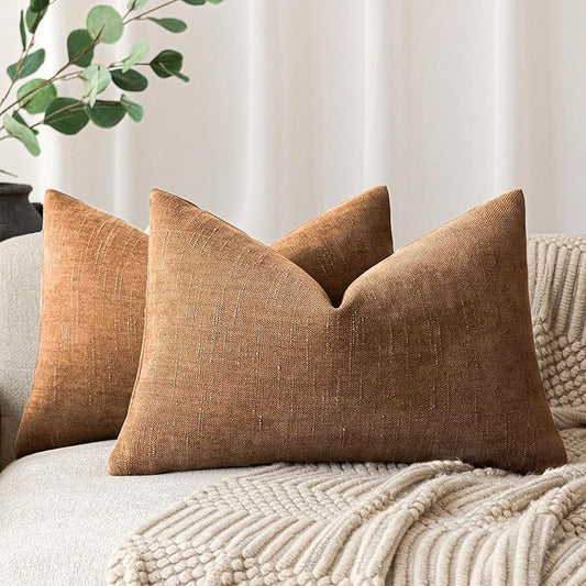 Foindtower Pack of 2 Soft Textured Throw Decorative Pillow Covers Lumbar Accent Solid Cushion Cover Cozy Farmhouse Pillow Case with Zippe for Couch Sofa Bed Living Room 12x20 Inch, Bronze
