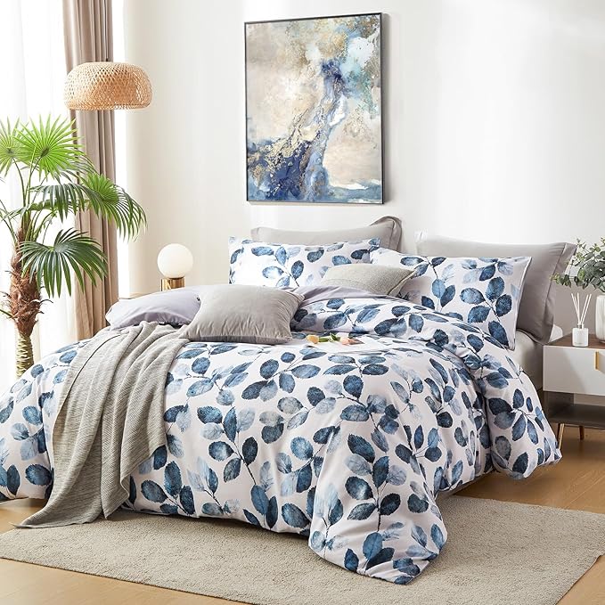 Cupocupa Duvet Cover Queen Size Set Boho Floral Pattern Queen Duvet Cover Set for Queen Size Bed Vintage Soft Bedding Leaf Print Duvet Cover with Pillowcases