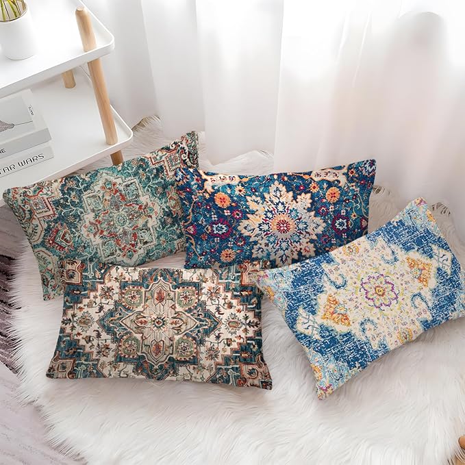Boho Throw Pillow Covers 12x20 inch Set of 2,Boho Vintage Carpet Pattern Antique Ethnic Decor Double Sided Pattern Cushion Cover Soft Pillow Case Living Sofa Room Bed Square Pillow Cover