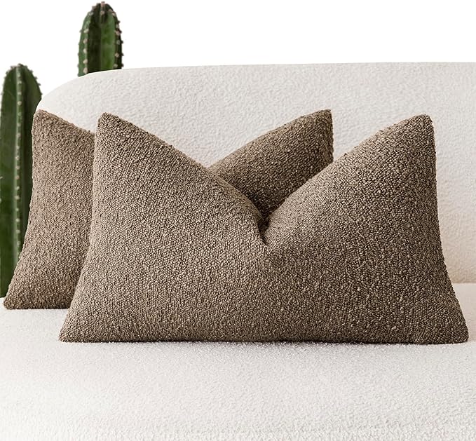 Foindtower Pack of 2 Textured Boucle Throw Pillow Covers Accent Solid Decorative Lumbar Pillow Cases Cozy Soft Couch Cushion Case for Chair Sofa Bedroom Living Room Home Decor 12x20 Inch Light Brown