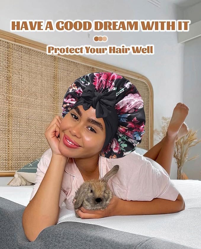 Satin Bonnet Silk Bonnet for Sleeping Silk Sleep Cap Double Layer Hair Bonnet with Elastic Tie Band for Curly Hair Night Cap(Black(Flower))