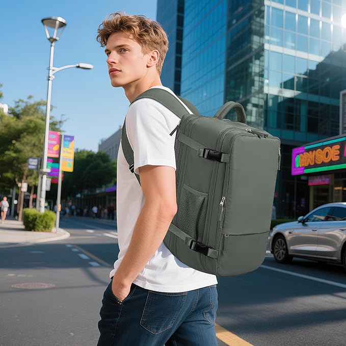 Beraliy Travel Backpack for Men Women, Airline Approved Personal Bag,17.3 Inch Laptop Backpack, Carry On Backpack for Hiking Overnight with USB Charging Hole, Olive-green