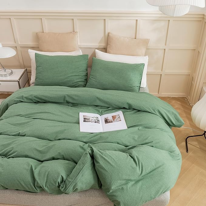 ECOCOTT Sage Green Duvet Cover King Size, 3 Piece 100% Washed Cotton 1 Duvet Cover with Zipper and 2 Pillowcases, Ultra Soft and Easy Care Breathable Cozy Bedding Set(Sage Green, King)