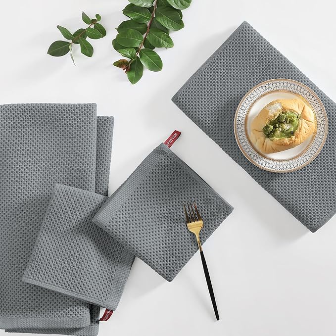 Homaxy 100% Cotton Kitchen Towels and Dishcloths Set, 12 x 12 Inches and 13 x 28 Inches, Set of 12 Bulk Kitchen Towels Set, Ultra Soft Absorbent Dish Cloths for Washing Dishes, Grey