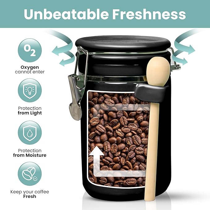 Home Intuition 4-Piece Ceramic Kitchen Canisters Set, Airtight Containers with Wooden Spoons Reusable Chalk Labels and Marker for Sugar, Coffee, Flour, Tea (Black)