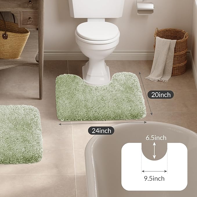 Walensee Bathroom Contour Rug (20x24, Pale Green) Non Slip Bath Mat for Bathroom Water Absorbent Soft Polyester Shaggy Machine Washable Bath Rug U Shape Toilet Rug