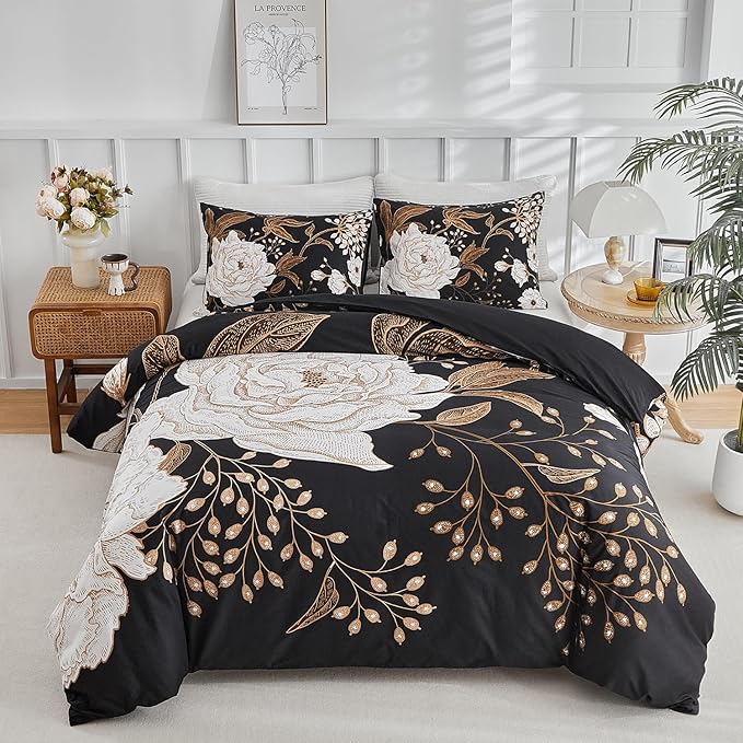 mixinni Floral Duvet Cover King Size, 3 Pieces White Flowers and Gold Leaves Printed on Black Bedding Set, Soft Premium Cotton Reversible Elegant Floral Duvet Cover Set for All Season-King Size