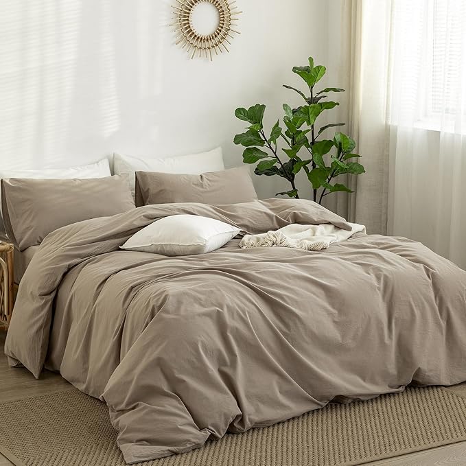 MooMee Bedding Duvet Cover Set 100% Washed Cotton Linen Like Textured Breathable Durable Soft Comfy (Solid Light Camel, Oversized Queen 98"x98")