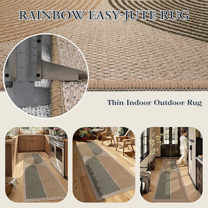 Lahome Modern Rainbow Easy Jute Rug, 2x8 Hallway Runner Washable Rugs for Entryway Farmhouse Kitchen Rug, Non Slip Indoor Outdoor Carpet Contemporary Throw Door Mat for Bedroom Porch