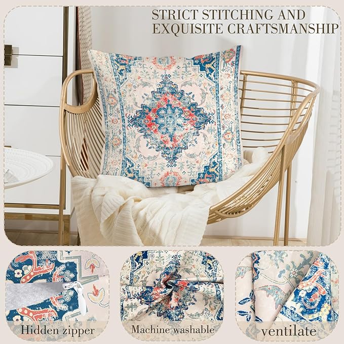 Boho Throw Pillow Covers 18x18 inch Set of 2,Bohemian Vintage Carpet Pattern Antique Ethnic Decor Double Sided Pattern Cushion Cover Soft Pillow Case Living Sofa Room Bed Square Pillow Cover