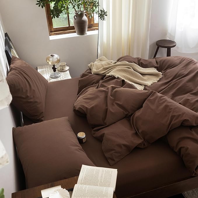 FOSSA Duvet Cover Set 100% Washed Cotton Linen Feel Super Soft Breathable Cozy 3 Pieces Bedding Sets Solid Cocoa Brown Super Queen