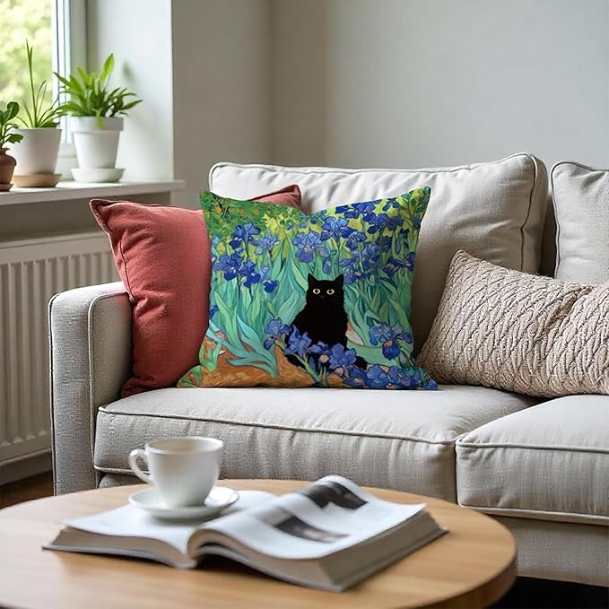 William Morris Floral Black Cat Pillow Covers 18x18, Cat Lovers Mom Grandma Gifts for Mother's Day, Blue Floral Cats Decorative Pillow Covers for Home Bedroom Living Room Office Decor