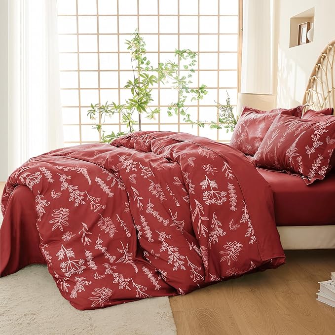 MUXHOMO Duvet Cover King Size, Reversible Floral Terracotta Duvet Cover Set with Zipper Closure, 3 Pieces Botanical Patterns Soft Microfiber Bedding Set (90"x104", 2 Pillow Cases 20"×36")