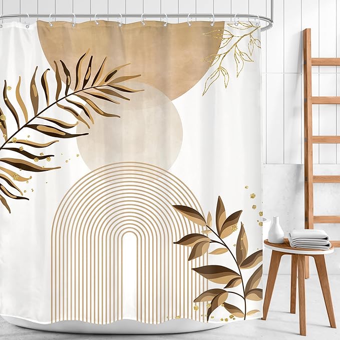 Beige Boho Shower Curtain 60Wx72H Bohemian Abstract Modern Mid Century Leaves Minimalist Contemporary Plant Cream Bathroom Decor Arch Simple Neutral Bath Curtain Fabric Polyester 12 Pack Hooks
