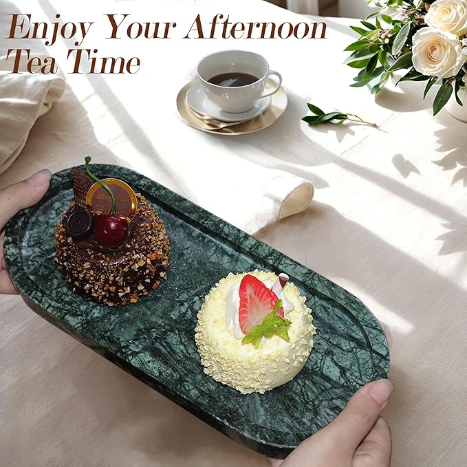100% Natural Marble Vanity Tray for Bathroom, Luxury Indian Green Decorative Marble Oval Trays for Bathroom Countertop Storage Organizer, Vanity Dresser Kitchen Home Decor, 10.2" x 4.3", Green