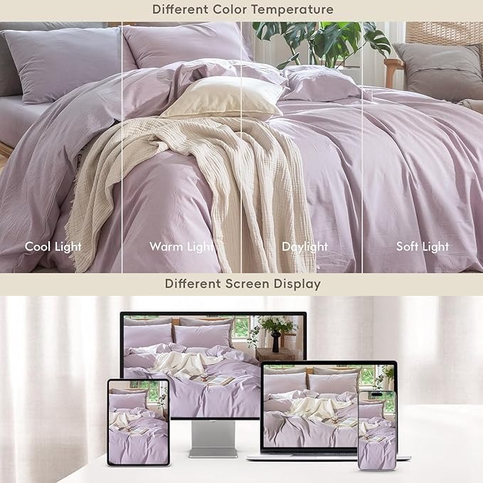 MooMee Bedding Duvet Cover Set 100% Washed Cotton Linen Like Textured Breathable Durable Soft Comfy (Heathered Light Purple, Full 80"x90")