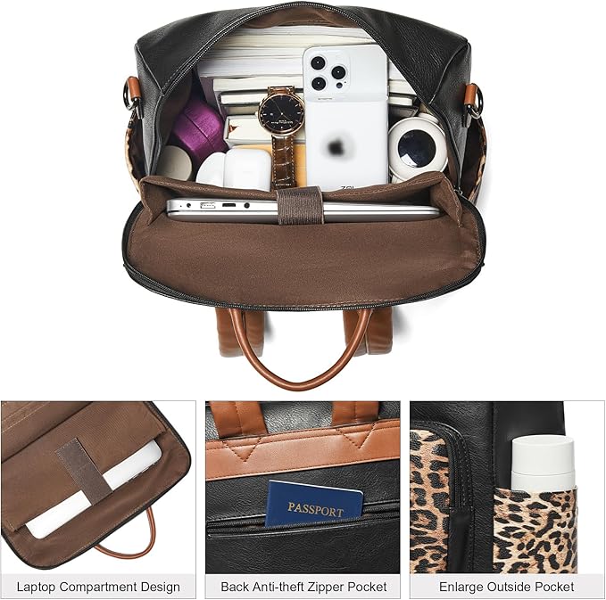 Shrrie 15.6 inch Laptop Backpack for Women,Large Leather Purse,Travel Backpacks Carry on,Water Resistant Casual Laptop Backpacks,College Backpack,Work Backpack for Women,Two-toned Deep Gray