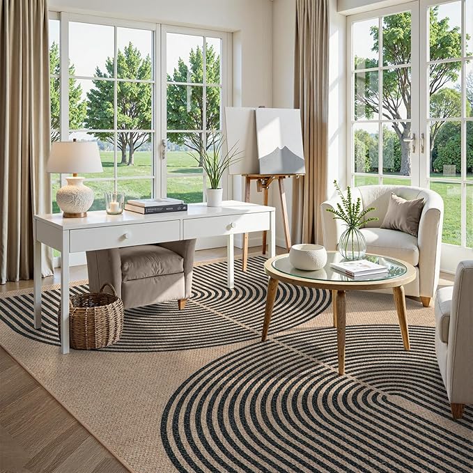 Lahome Modern Rainbow Easy Jute 9x12 Rug, Large Outdoor Patio Rug Farmhouse Indoor Outdoor Living Room Carpet, Contemporary Non Slip Non Shedding Nature Carpet for Dining Room Basement Backyard