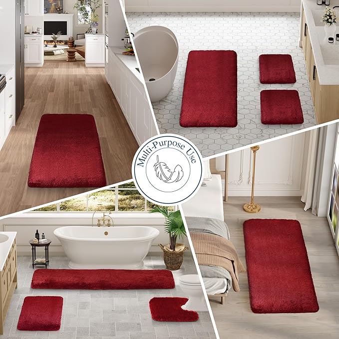 Walensee Bathroom Rug Non Slip Bath Mat (16 x 24, Red) - Water Absorbent Soft Microfiber Shaggy Mat, Machine Washable Thick Plush Rug for Shower